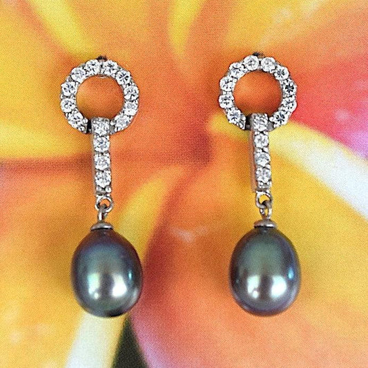 Unique Beautiful Hawaiian Genuine Black Pearl Earring, Sterling Silver Black Pearl CZ Post Dangle Earring E4337 Birthday Gift, Statement PC - Hawaii Treasures Shop