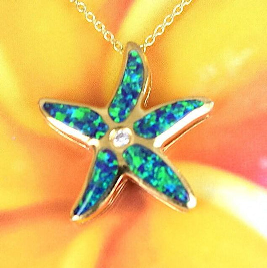 Beautiful Hawaiian Opal Starfish Necklace, Sterling Silver Yellow-Gold Plated Opal Star Fish CZ Pendant, N2588 Birthday Mom Mother Gift - Hawaii Treasures Shop