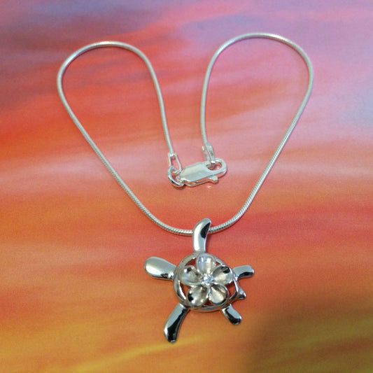 Beautiful Hawaiian Plumeria Sea Turtle Anklet or Bracelet, Sterling Silver Turtle Plumeria CZ Charm Bracelet, A6141 Birthday Mom Gift - Hawaii Treasures Shop
