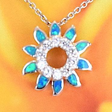 Unique Hawaiian Blue Opal Sun Necklace, Sterling Silver Blue Opal Sun CZ Pendant, N2232 Mother Birthday Anniversary Mom Wife Gift - Hawaii Treasures Shop