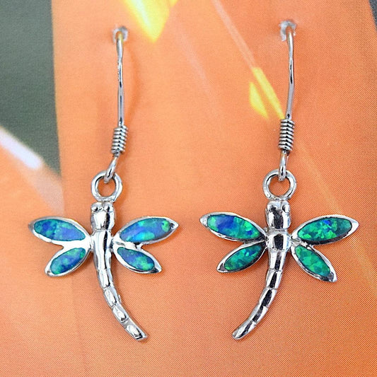 Pretty Hawaiian Opal Dragonfly Earring, Sterling Silver Blue Opal Dragonfly Dangle Earring, E4146 Valentine Birthday Wife Mom Girl Gift - Hawaii Treasures Shop