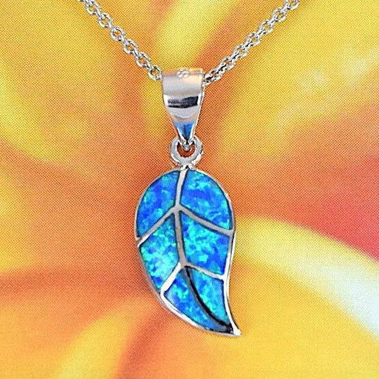 Unique Beautiful Hawaiian Blue Opal Maile Leaf Necklace, Sterling Silver Blue Opal Maile Leaf Pendant, N2256 Birthday Mom Mother Gift - Hawaii Treasures Shop
