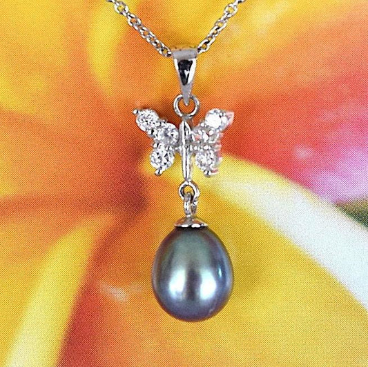 Unique Hawaiian Genuine Black Pearl Butterfly Necklace, Sterling Silver Black Pearl Butterfly CZ Pendant, N2528 Birthday Mom Mother Gift - Hawaii Treasures Shop