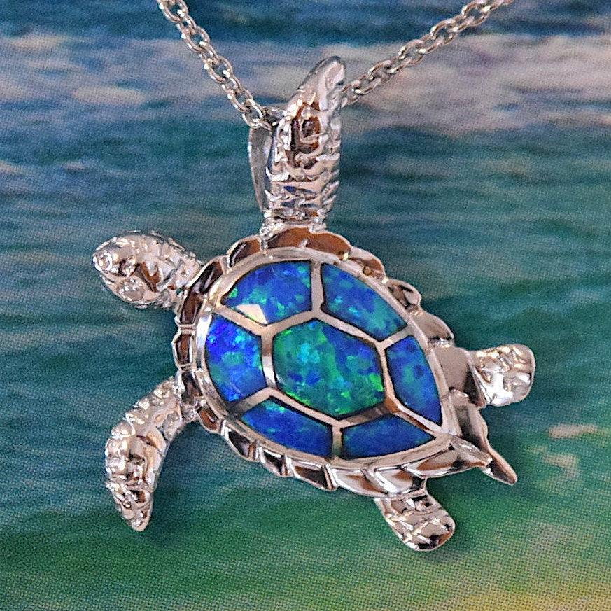 Pretty Hawaiian Sea Turtle Necklace, Sterling Silver Blue Opal