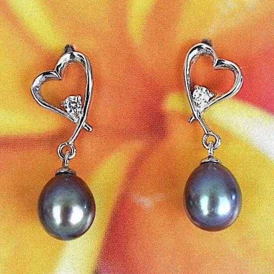 Unique Hawaiian Genuine Black Pearl Earring, Sterling Silver Black Pearl Heart CZ Post Dangle Earring, E4335 Birthday Mom Mother Gift - Hawaii Treasures Shop