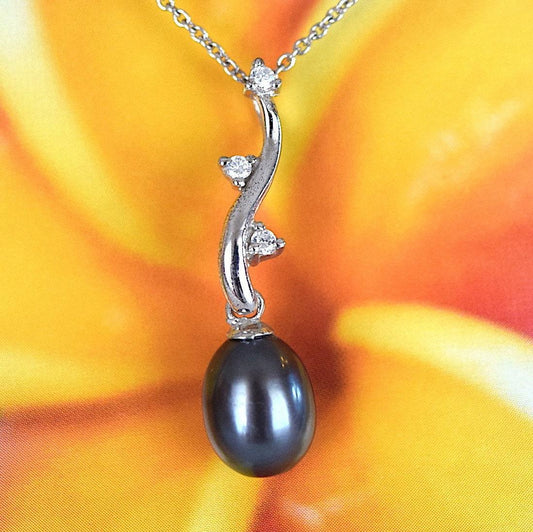 Unique Hawaiian Genuine Black Pearl Necklace, Sterling Silver Black Pearl CZ Pendant, N2648 Birthday Anniversary Mom Wife Mother Gift - Hawaii Treasures Shop