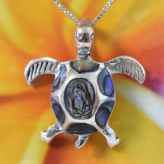 Unique Hawaiian Large Genuine Paua Shell Sea Turtle Necklace, Sterling Silver Abalone Mother of Pearl Turtle Pendant, N6069 Birthday Gift - Hawaii Treasures Shop