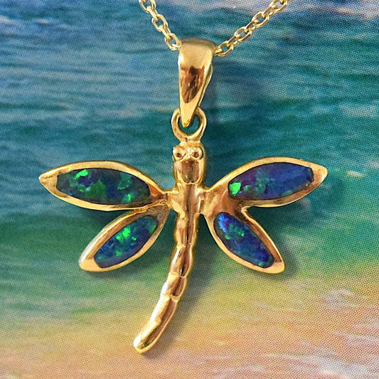 Beautiful Hawaiian Opal Dragonfly Necklace, Sterling Silver Yellow-Gold Plated Opal Dragonfly Pendant, N2072 Birthday Mom Mother Gift - Hawaii Treasures Shop