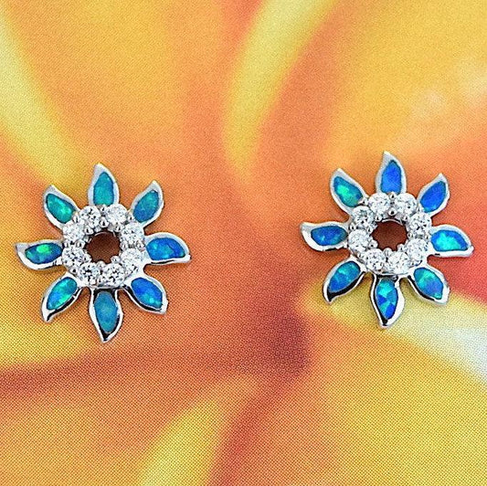 Unique Beautiful Hawaiian Blue Opal Sun Earring, Sterling Silver Blue Opal Sun CZ Stud Earring E4162 Mother Birthday Anniversary Mom Gift - Hawaii Treasures Shop