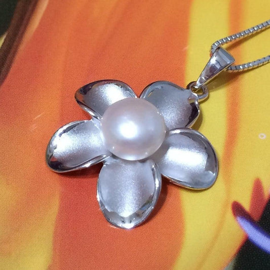 Stunning Hawaiian Genuine White Pearl Plumeria Necklace, Sterling Silver Plumeria White Pearl Pendant, N9221 Birthday Mom Gift, Statement PC - Hawaii Treasures Shop