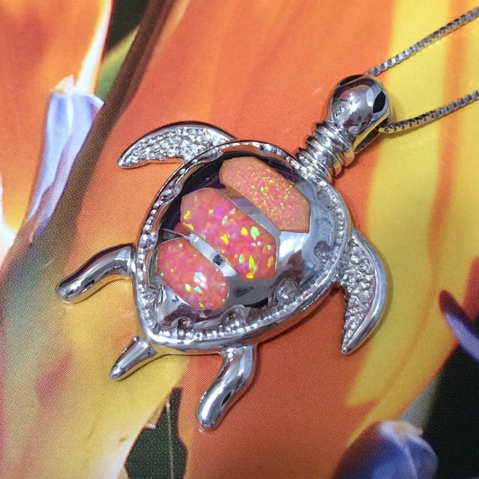 Unique Gorgeous Hawaiian X-Large Pink Opal Sea Turtle Necklace, Sterling Silver Opal Turtle Pendant N2828 Birthday Mom Gift, Statement PC - Hawaii Treasures Shop