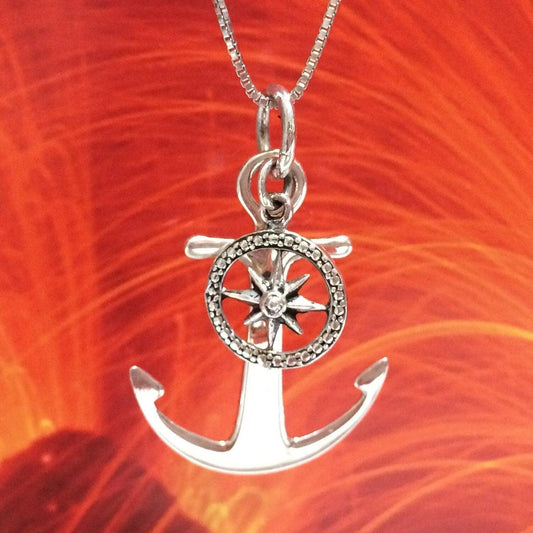 Unique Hawaiian Anchor & Helm Necklace, Sterling Silver Anchor Charm Pendant, High Polish Oxidized Finish, N2739 Birthday Mother Gift - Hawaii Treasures Shop