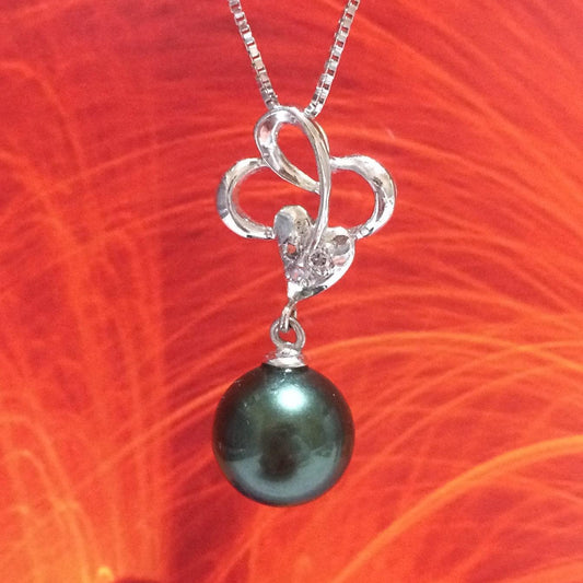 Unique Hawaiian Black Shell Pearl Necklace, Sterling Silver Black Shell Pearl CZ Pendant, N2918 Birthday Mom Mother Gift, Statement PC - Hawaii Treasures Shop