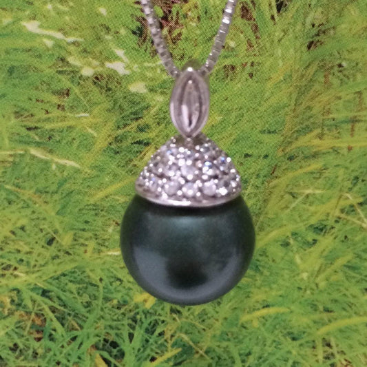 Unique Gorgeous Hawaiian Large Black Shell Pearl Necklace, Sterling Silver Black Shell Pearl CZ Pendant, N2919 Birthday Mom Mother Gift - Hawaii Treasures Shop