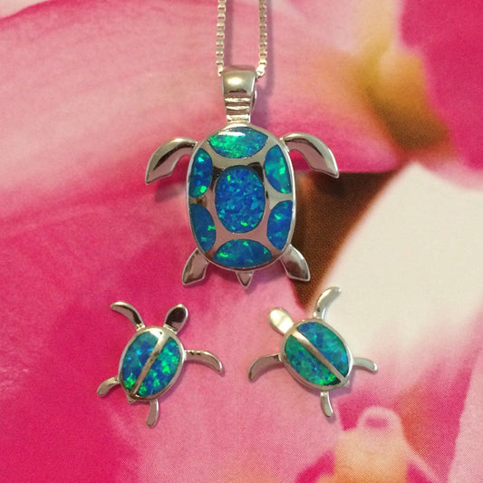 Beautiful Hawaiian Sea Turtle Matching Necklace & Earring, Sterling Silver Blue Opal Turtle Set, S7129 Birthday Wife Mom Mother Gift - Hawaii Treasures Shop