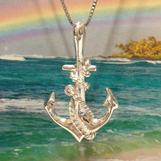 Unique Hawaiian Large Anchor Necklace, Sterling Silver High Polished 3D Anchor Rope Pendant, N2983 Birthday Mom Mother Gift - Hawaii Treasures Shop