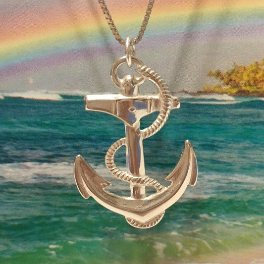 Unique Hawaiian Anchor and Rope Necklace, Sterling Silver High Polished Anchor & Rope Pendant, N2985 Birthday Mom Mother Gift - Hawaii Treasures Shop