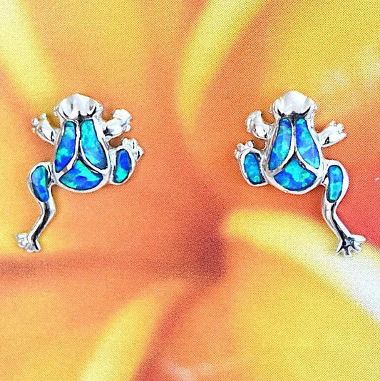 Unique Hawaiian Blue Opal Frog Earring, Sterling Silver Blue Opal Frog Stud Earring, E4143 Birthday Mom Wife Mother Gift, Island Jewelry - Hawaii Treasures Shop
