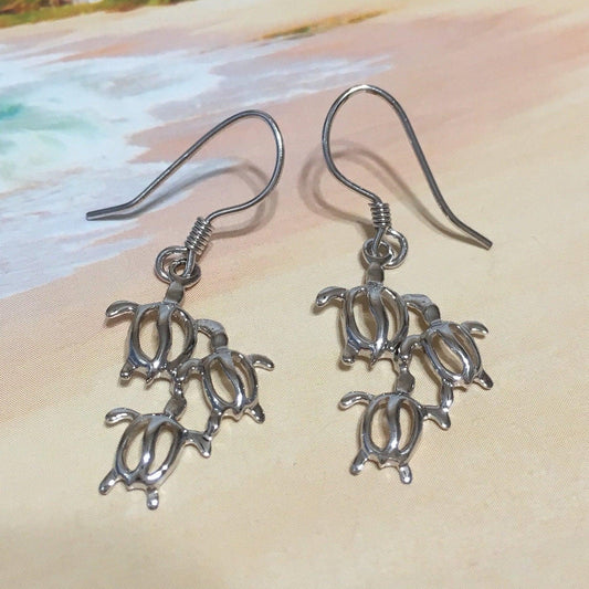 Unique Hawaiian Large Mom & 2 Baby Sea Turtle Earring, Sterling Silver 3 Turtle Family Dangle Earring, E4151A Birthday Wife Mom Gift - Hawaii Treasures Shop