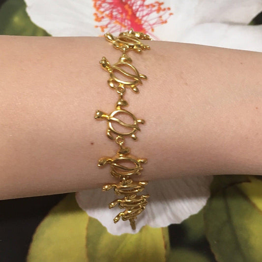 Beautiful Hawaiian Large Sea Turtle Bracelet, Sterling Silver Yellow-Gold Plated Turtle Bracelet, B3123 Birthday Mother Mom Wife Gift - Hawaii Treasures Shop