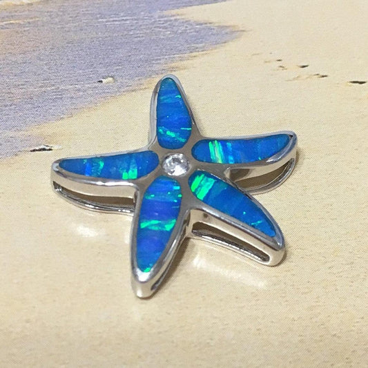Unique Beautiful Hawaiian Blue Opal Starfish Necklace, Sterling Silver Blue Opal Starfish CZ Pendant, N2182 Mother Birthday Mom Gift - Hawaii Treasures Shop