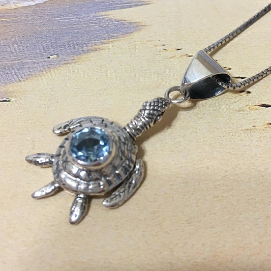 Unique Hawaiian 3D Genuine Blue Topaz Sea Turtle Necklace, Sterling Silver Turtle Movable Leg Pendant N8056 Statement PC, Mother Gift - Hawaii Treasures Shop