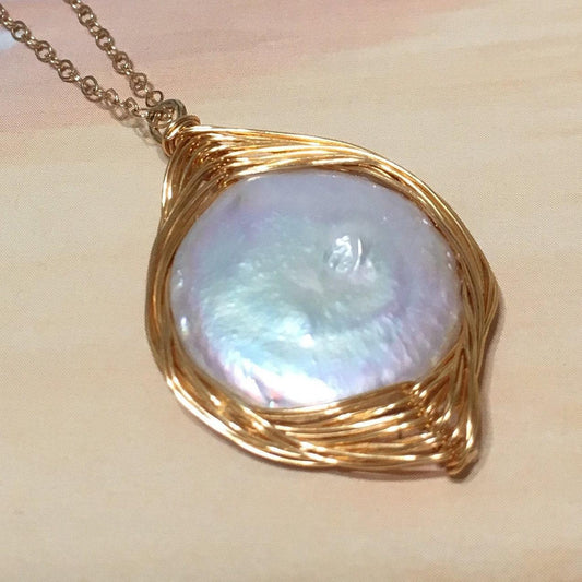 Unique Beautiful Hawaiian Genuine White Mabe Pearl Necklace, 14KT Gold-Filled Wire-Wrapped White Pearl Necklace, N8083 Birthday Mom Gift - Hawaii Treasures Shop