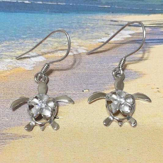 Unique Beautiful Hawaiian Plumeria Sea Turtle Earring, Sterling Silver Plumeria CZ Turtle Dangle Earring, E4104A Birthday Mom Mother Gift - Hawaii Treasures Shop