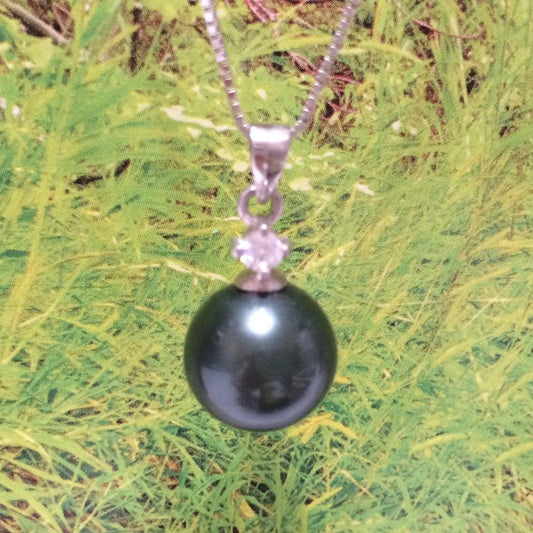 Unique Beautiful Hawaiian Black Shell Pearl Necklace, Sterling Silver Black Shell Pearl CZ Pendant, N2914 Birthday Mom Wife Mother Gift - Hawaii Treasures Shop