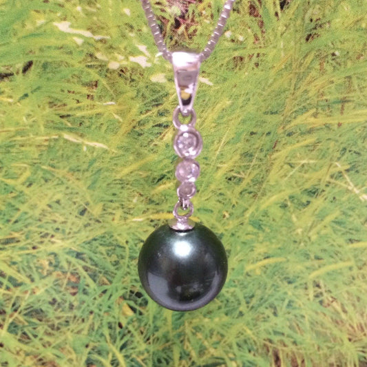 Unique Stunning Hawaiian Black Shell Pearl Necklace, Sterling Silver Black Shell Pearl CZ Pendant, N2915 Birthday Mom Wife Mother Gift - Hawaii Treasures Shop