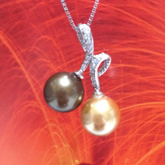 Unique Gorgeous Hawaiian Black & Gold Shell Pearl Necklace, Sterling Silver 2 Shell Pearl CZ Pendant N2932 Birthday Mom Wife Mother Gift - Hawaii Treasures Shop