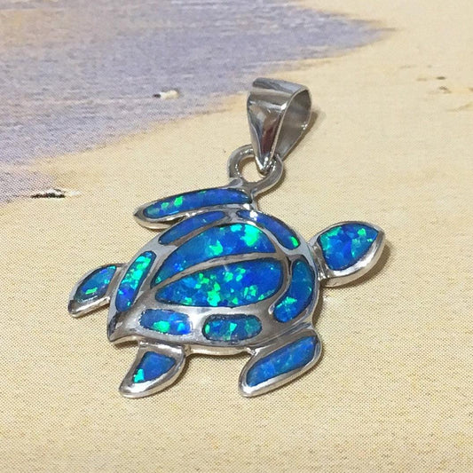 Unique Hawaiian Blue Opal Sea Turtle Necklace, Sterling Silver Blue Opal Turtle Pendant, N2115 Mother Birthday Mom Gift, Island Jewelry - Hawaii Treasures Shop