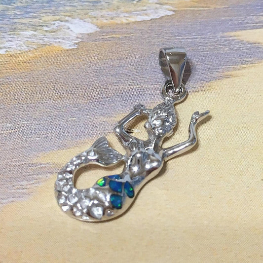Unique Hawaiian Blue Opal Mermaid Necklace, Sterling Silver Blue Opal Mermaid Pendant, N2135 Mother Birthday Mom Gift, Island Jewelry - Hawaii Treasures Shop