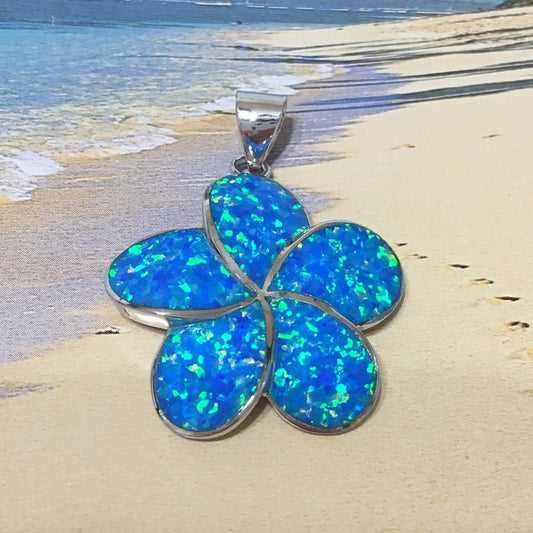 Gorgeous Hawaiian X-Large Blue Opal Plumeria Necklace, Sterling Silver Blue Opal Plumeria Pendant, N6041 Birthday Mom Wife Mother Gift - Hawaii Treasures Shop