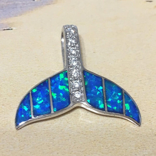Unique Hawaiian Blue Opal Whale Tail Necklace, Sterling Silver Blue Opal Whale Tail CZ Pendant, N2187 Birthday Mom Wife Mother Gift - Hawaii Treasures Shop