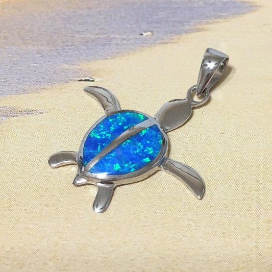 Pretty Hawaiian Blue Opal Sea Turtle Necklace, Sterling Silver Opal Turtle Pendant, N2112 Mother Birthday Mom Wife Gift, Island Jewelry - Hawaii Treasures Shop