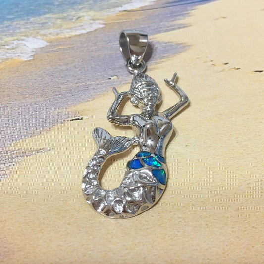Unique Stunning Hawaiian Blue Opal Mermaid Necklace, Sterling Silver Blue Opal Hawaiian Mermaid Pendant, N2137 Birthday Mom Mother Gift - Hawaii Treasures Shop
