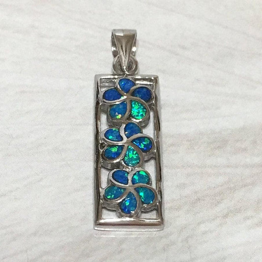Beautiful Hawaiian Blue Opal 3 Plumeria Pendant, Past Present & Future, Sterling Silver Opal Plumeria Barrel Pendant N2228 Birthday Mom Gift - Hawaii Treasures Shop