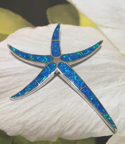 Gorgeous Hawaiian XX-Large Blue Opal Starfish Necklace, Sterling Silver Opal Star Fish Pendant N2344A Birthday Mother Gift, Statement PC - Hawaii Treasures Shop