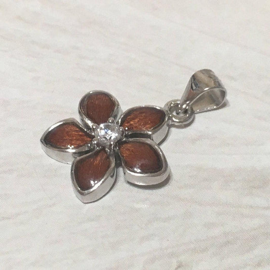 Pretty Hawaiian Genuine Koa Wood Plumeria Necklace, Sterling Silver Koa Wood Plumeria Flower CZ Pendant, N8166 Birthday Mother Mom Gift - Hawaii Treasures Shop