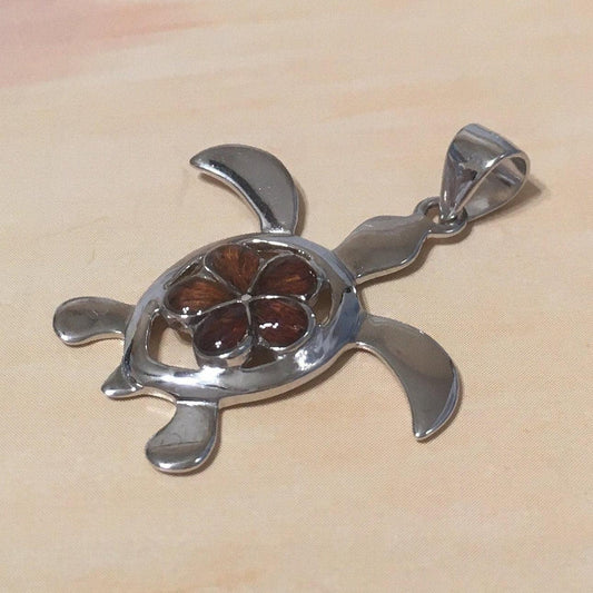 Beautiful Hawaiian Large Genuine Koa Wood Plumeria Sea Turtle Necklace, Sterling Silver Koa Wood Plumeria Turtle Pendant N8177 Birthday Gift - Hawaii Treasures Shop