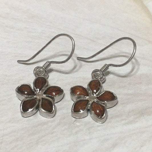 Unique Hawaiian Koa Wood Plumeria Earring, Sterling Silver Plumeria Dangle Earring, E8187 Birthday Mom Mother Gift, Island Jewelry - Hawaii Treasures Shop