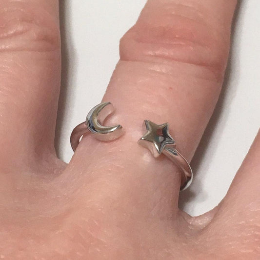 Unique Hawaiian Moon & Star Ring, Sterling Silver Moon Star Ring, Celestial Jewelry, R2361 Mother Birthday Mom Gift, Stackable Adjustable - Hawaii Treasures Shop