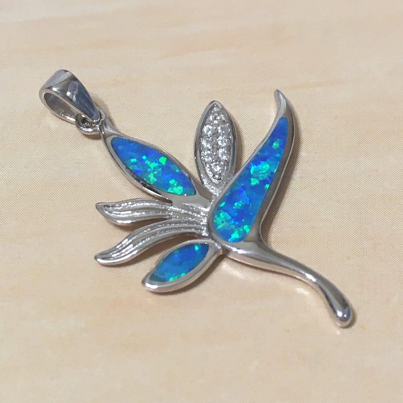 Stunning Hawaiian Bird of Paradise Necklace and Earring, Sterling Silver Blue Opal Bird of Paradise CZ Pendant, N6156S Birthday Mom Gift - Hawaii Treasures Shop