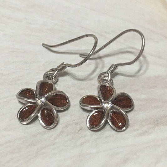 Unique Hawaiian Genuine Koa Wood Plumeria Earring, Sterling Silver Koa Wood Plumeria CZ Dangle Earring, E8188 Birthday Mom Mother Gift - Hawaii Treasures Shop