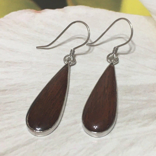 Gorgeous Hawaiian Large Genuine Koa Wood Rain Drop Earring, Sterling Silver Koa Wood Inlay Dangle Earring, E8195 Statement PC, Birthday Gift - Hawaii Treasures Shop
