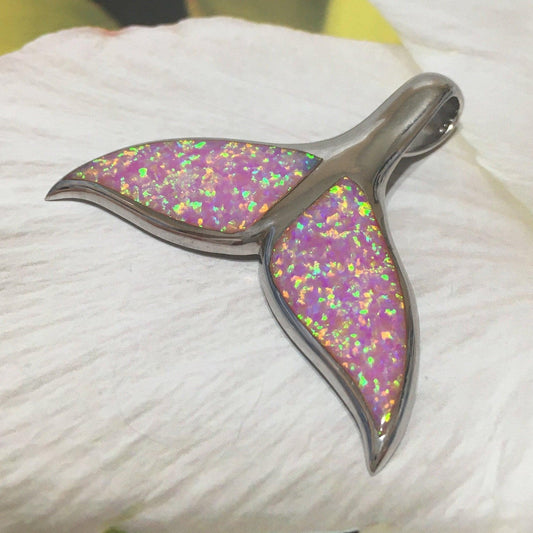 Gorgeous Hawaiian XX-Large Pink Opal Whale Tail Necklace, Sterling Silver Pink Opal Whale Tail Pendant N8262 Statement PC, Birthday Mom Gift - Hawaii Treasures Shop
