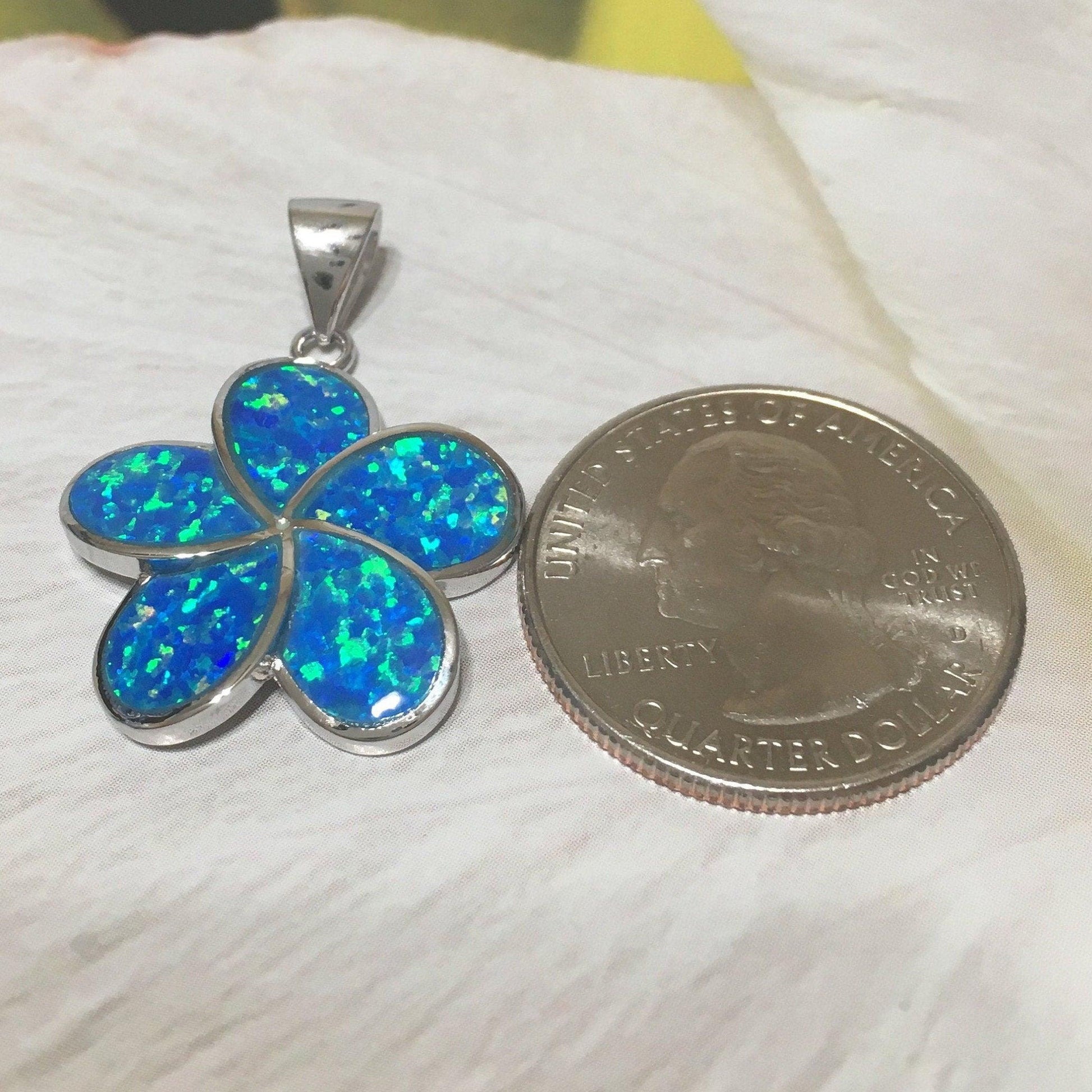 Gorgeous Hawaiian Large Blue Opal Plumeria Earring and Necklace, Sterling Silver Blue Opal Plumeria Flower Pendant N6008SH Birthday Mom Gift - Hawaii Treasures Shop
