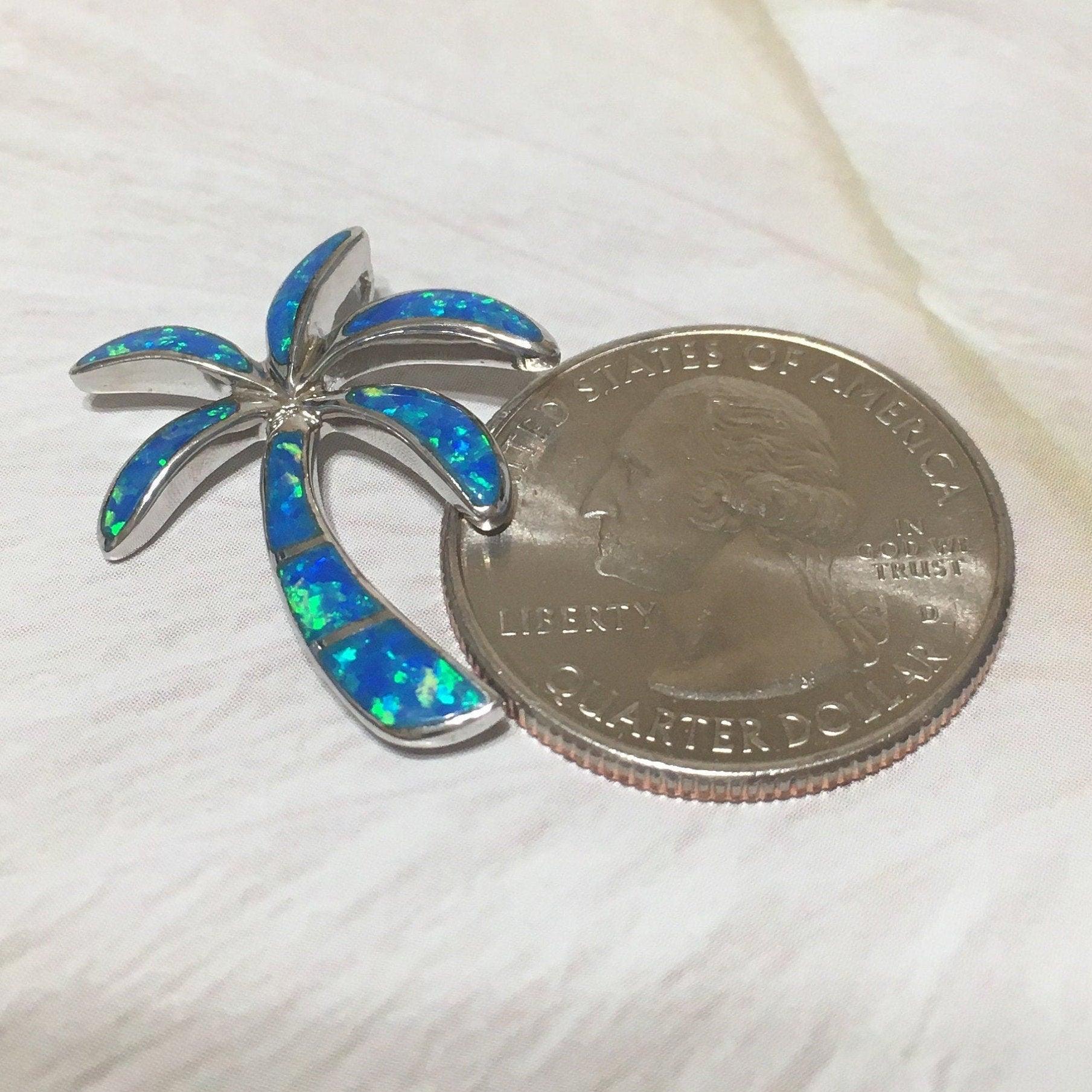 Gorgeous Hawaiian Large Blue Opal Palm Tree Earring and Necklace, Sterling Silver Blue Opal Palm Tree Pendant, N6015SH Birthday Mom Gift - Hawaii Treasures Shop
