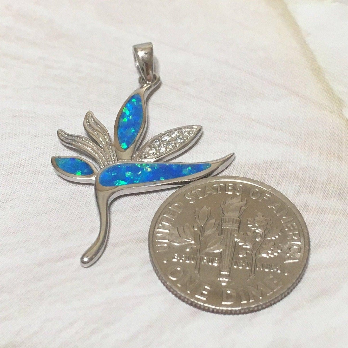 Stunning Hawaiian Bird of Paradise Necklace and Earring, Sterling Silver Blue Opal Bird of Paradise CZ Pendant, N6156S Birthday Mom Gift - Hawaii Treasures Shop